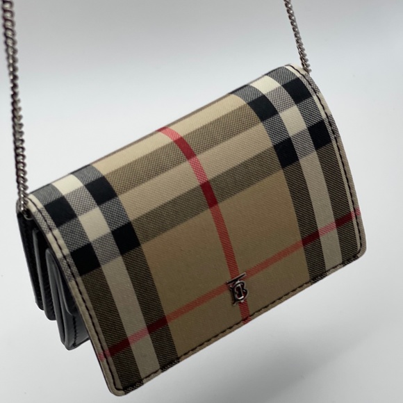 Burberry Jessie Vintage Check & Leather Card Case On Chain in Black